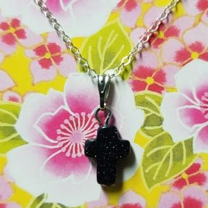 Black Sandstone Gemstone Cross Necklace!